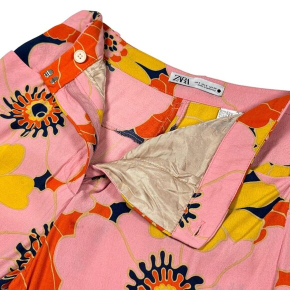 Zara Floral Print Flare Pants Sz.S Pink High Rise Viscose Dopamine Blogger Fav - Picture 14 of 16